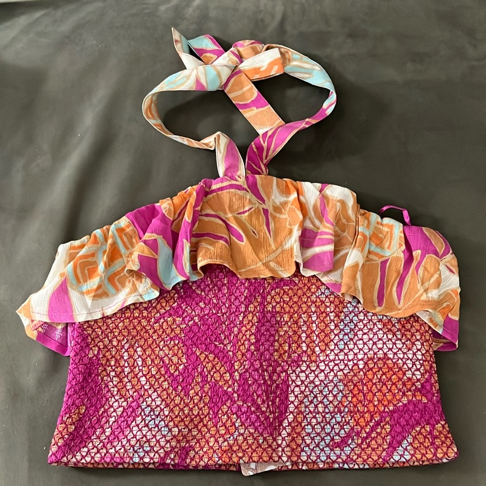 Band of the free S smocked halter top floral ruffle NWT tie around neck